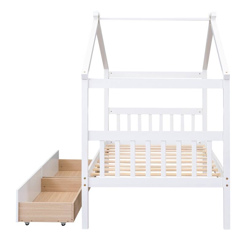 Wood Bed Children's House Platform Beds with Two Drawers, Roof, Included Headboards, Solid Wood Daybed, No Box Spring Needed