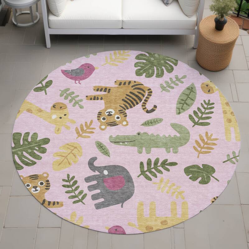 Machine Washable Indoor/ Outdoor Whimsy Safari Animals Chantille Rug - Pink - 8' x 8'
