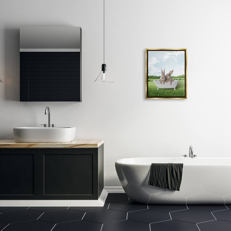 Stupell Bunnies in Tub Landscape Framed Floater Canvas Wall Art Design by Lettered and Lined