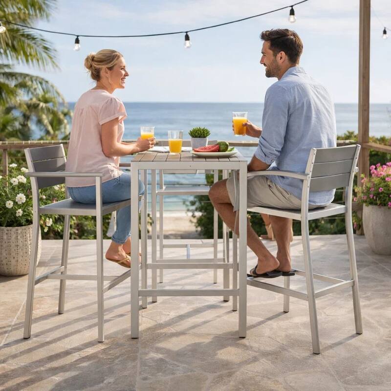 Kylo 5 Piece Bar Table Set, Gray Polyresin Backs and Seats, Aluminum Frame