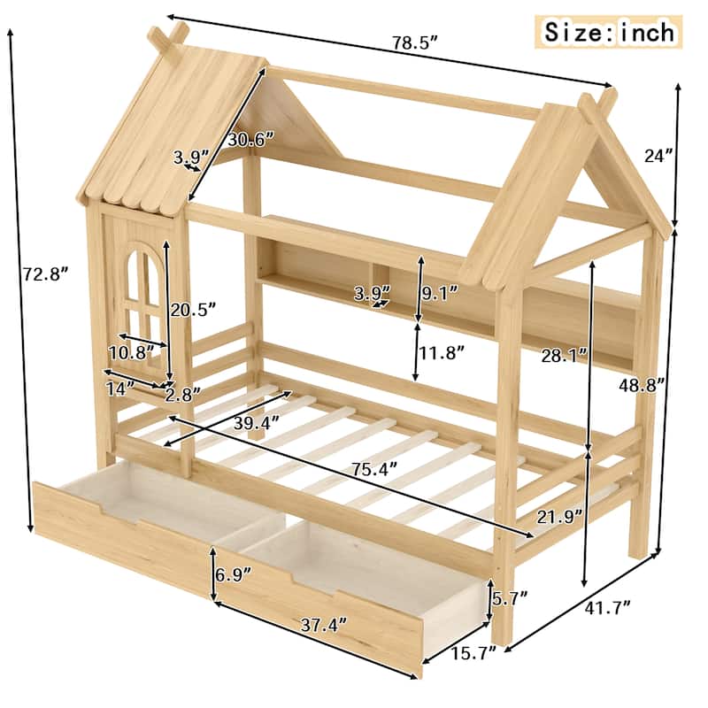 Charming House Bed for Girls, Boys Low Platform Bed Frame with Under-bed Drawers, Storage Shelves, Window and Roof