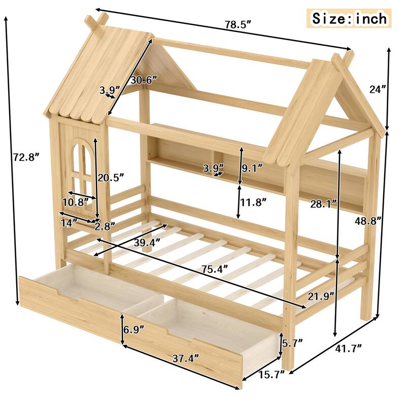Twin house Beds with Storage Drawers and Window, Solid Wood House Platform Bed Frame with shelves