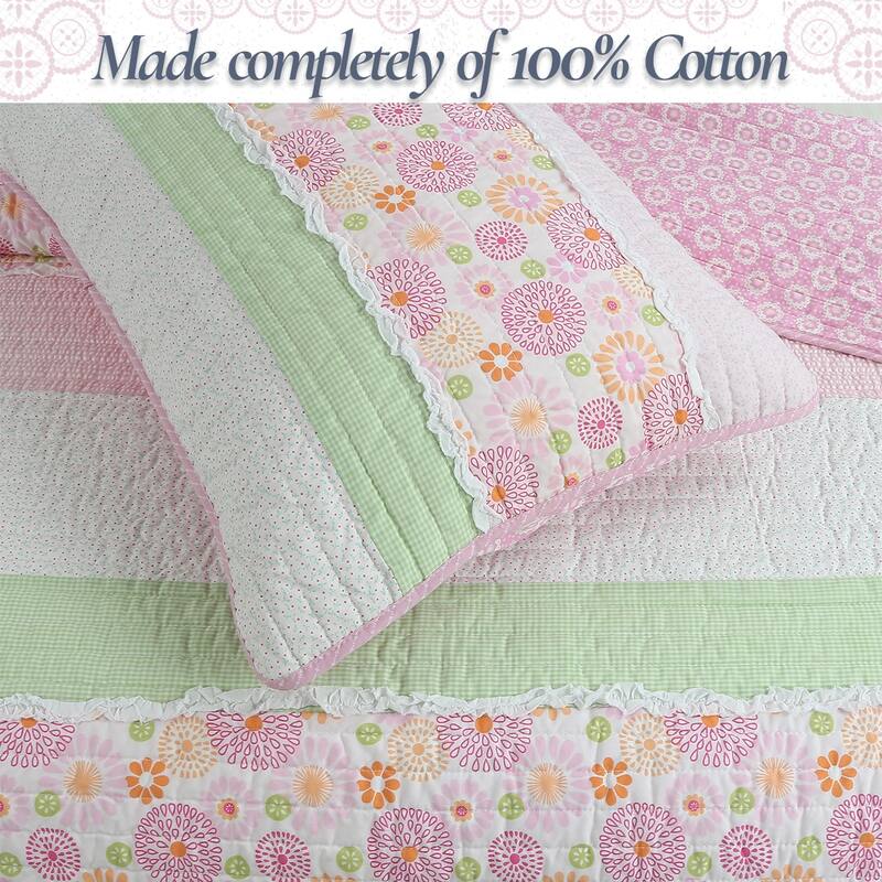 Cozy Line Pink Floral Whimsy Gingham Stripe Cotton Quilt Bedding Set