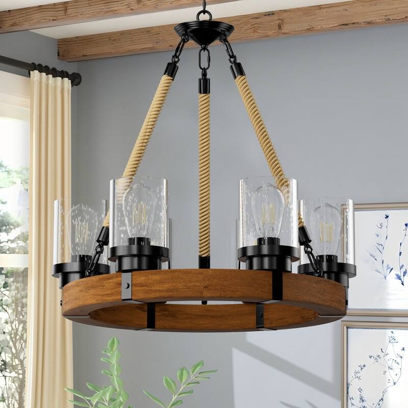 6 Lights Wagon Wheel Chandelier Rustic Wood Farmhouse Chandelier - 25