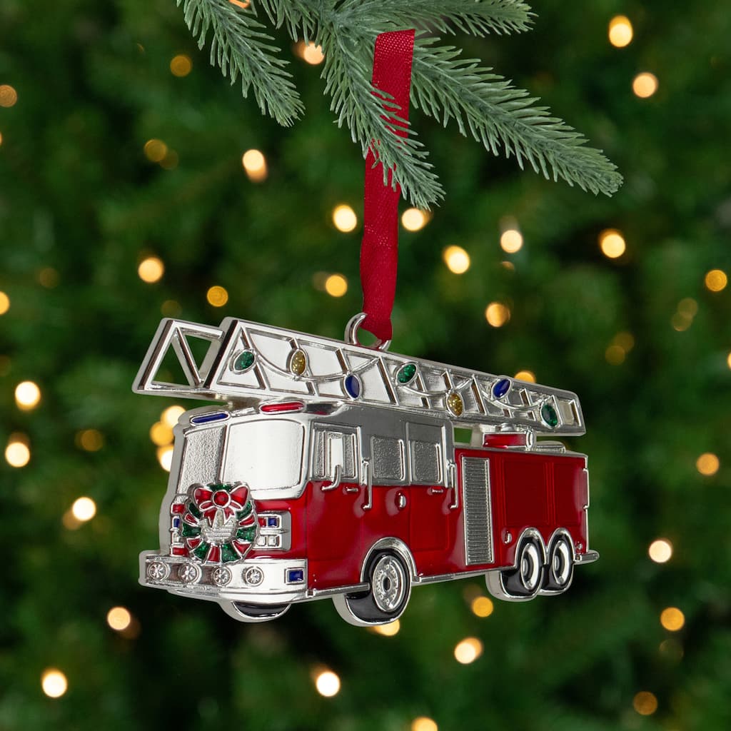 3.5" Silver Plated Fire Truck European Crystals Christmas Ornament
