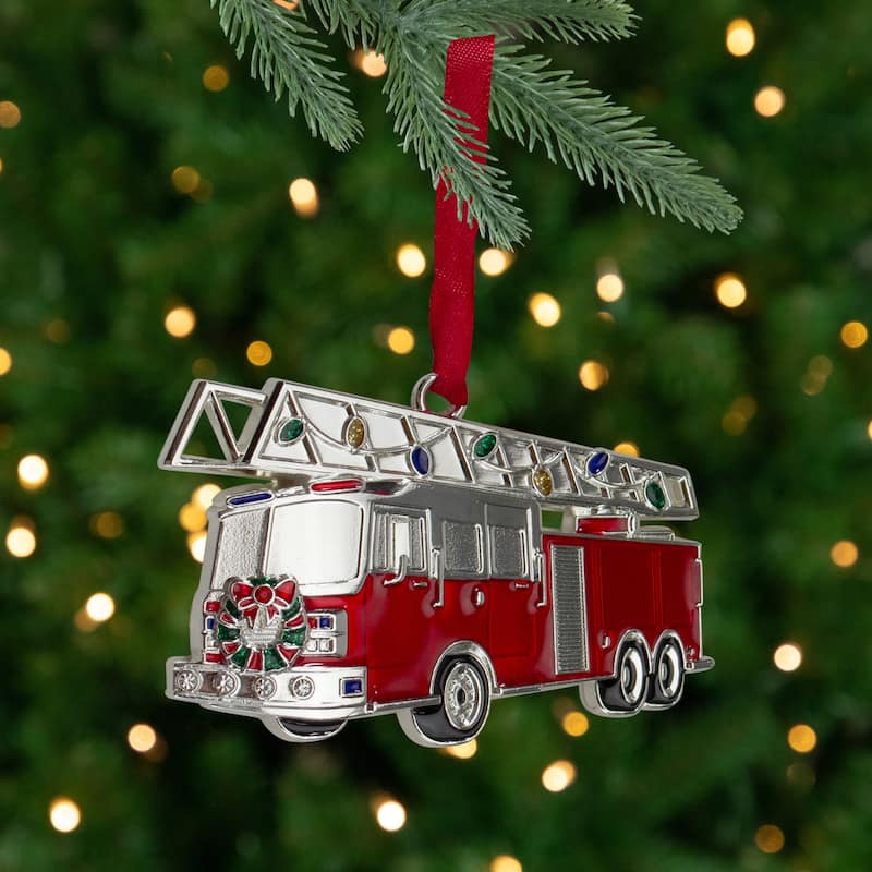 3.5" Silver Plated Fire Truck with European Crystals Christmas Ornament