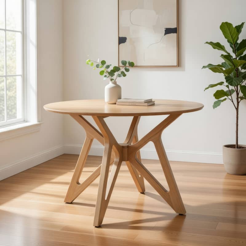 Evans Dining Table, Round Top, Angled Base, Walnut Brown Hardwood, 42 Inch