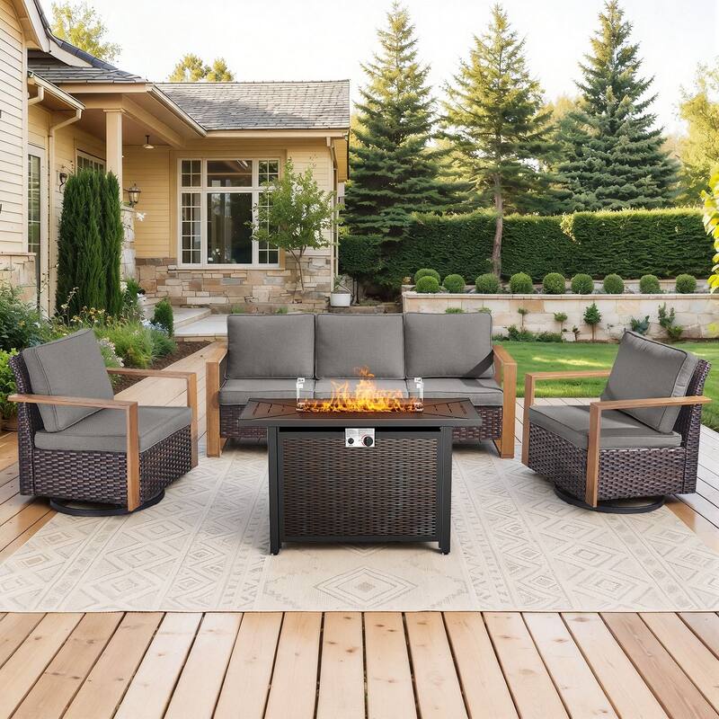 Meyreso Wicker Outdoor Patio Metal Fire Pit Set with Swivel Gliders & 4.5" Olefin Cushions
