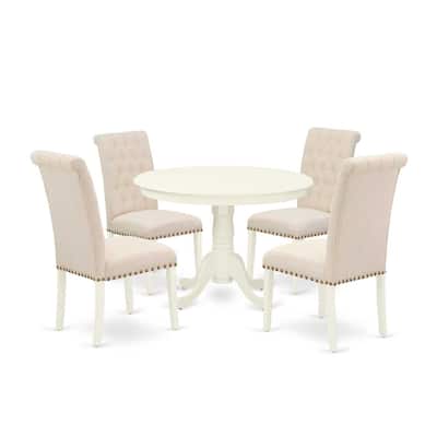 HomeStock 5-Piece Round Linen White Finish Solid Wood Top Dining Table with 4-Parson Chair with Lattice Back
