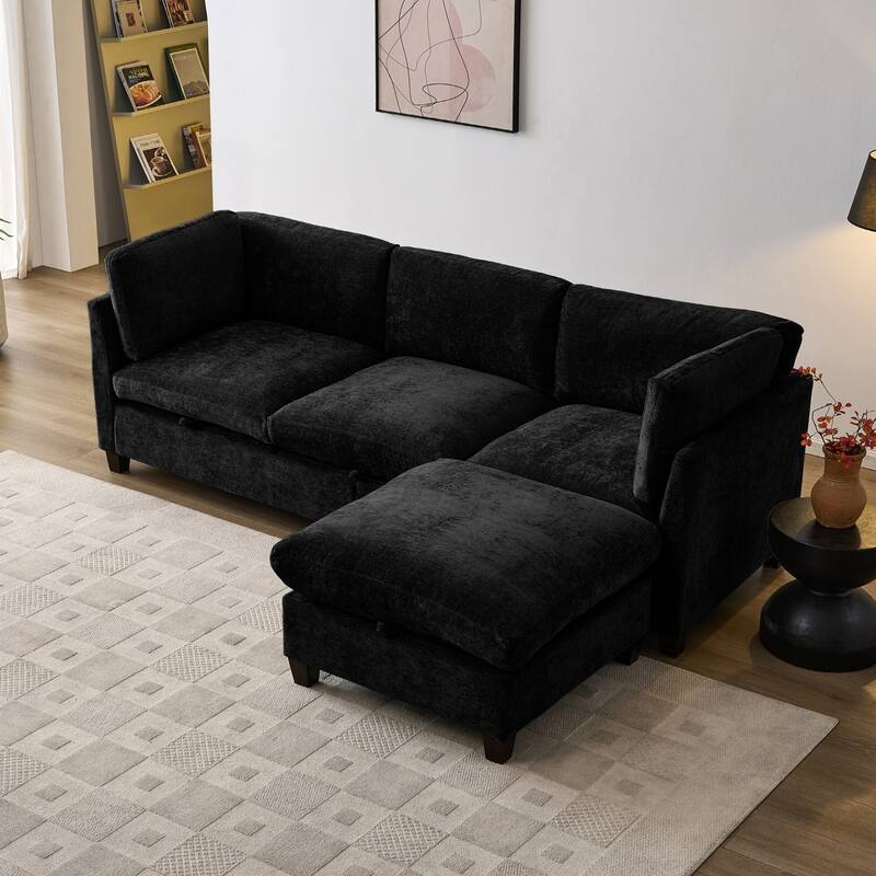 96.5" L-Shaped Chenille Sectional Sofa with Storage and Movable Ottoman