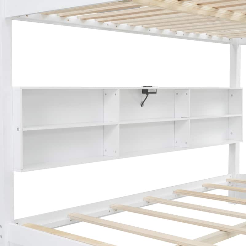 Queen over Queen Size Solid Wood Bunk Bed with Storage Cabinets and USB Ports