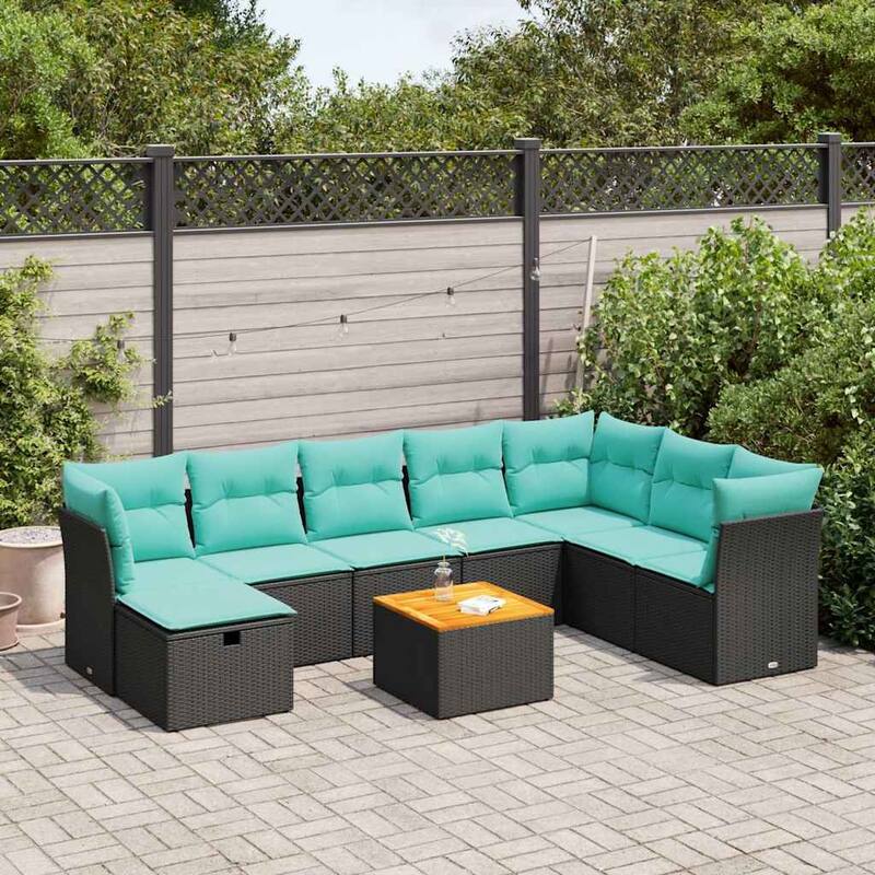 vidaXL 9 Piece Patio Sofa Set with Cushions Black Poly Rattan - 21.7 x 24.4 x 27.2