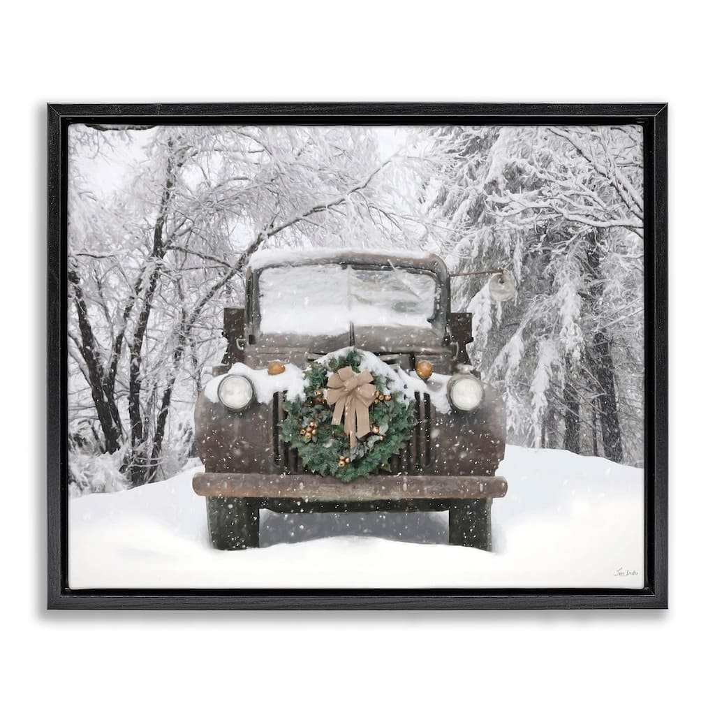 Stupell Wreathed Truck in Snow Framed Floater Canvas Wall Art Design By Lori Deiter