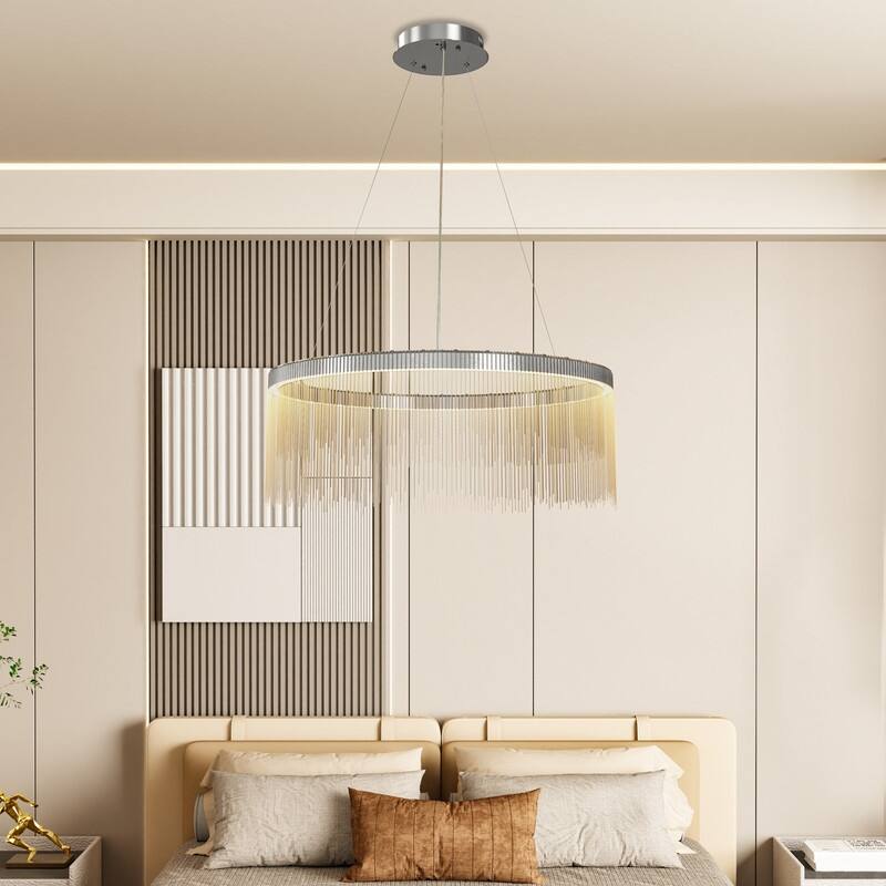 Aluminum Tassel Linear Chandelier Round Ceiling Pendant Lighting Fixture Over Dining Table, Kitchen Islands, Entryways