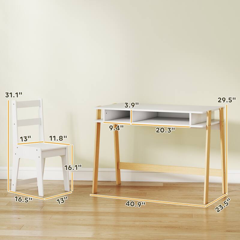 White Kids Desk and Chair Set with Built In Storage Compartments Wood Study Table for Children Age 3 to 12