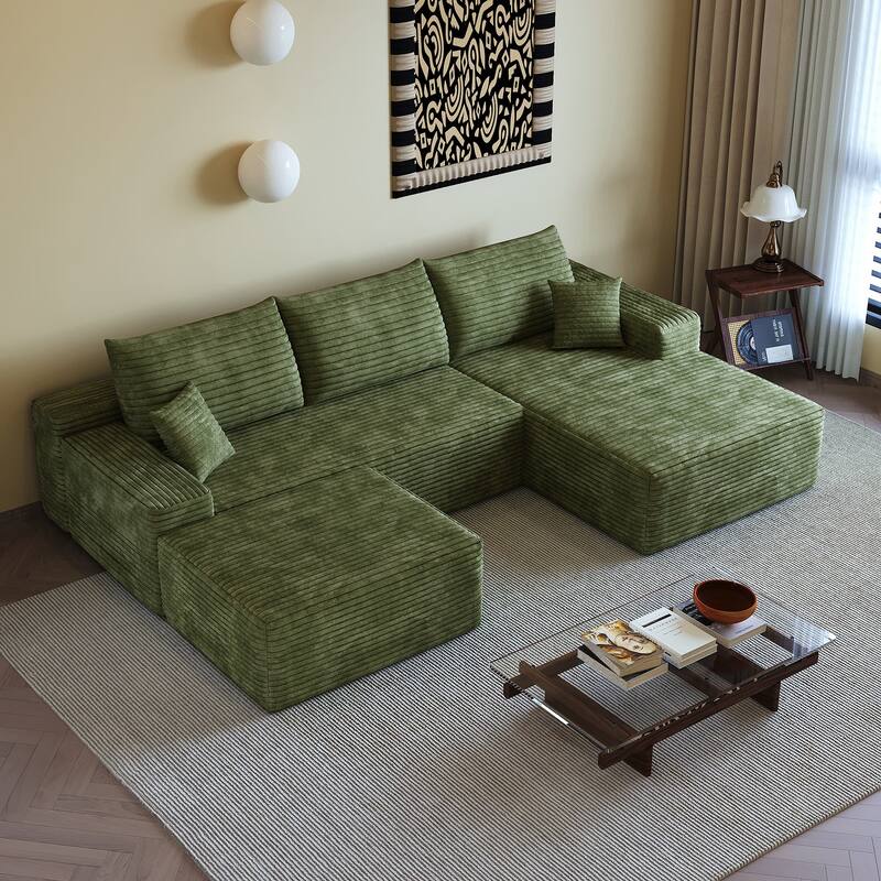 Sofa 107-in Casual Green 3 -seater Right Reclining Sectional with 1 Ottoman - 8' x 10' - Right Facing