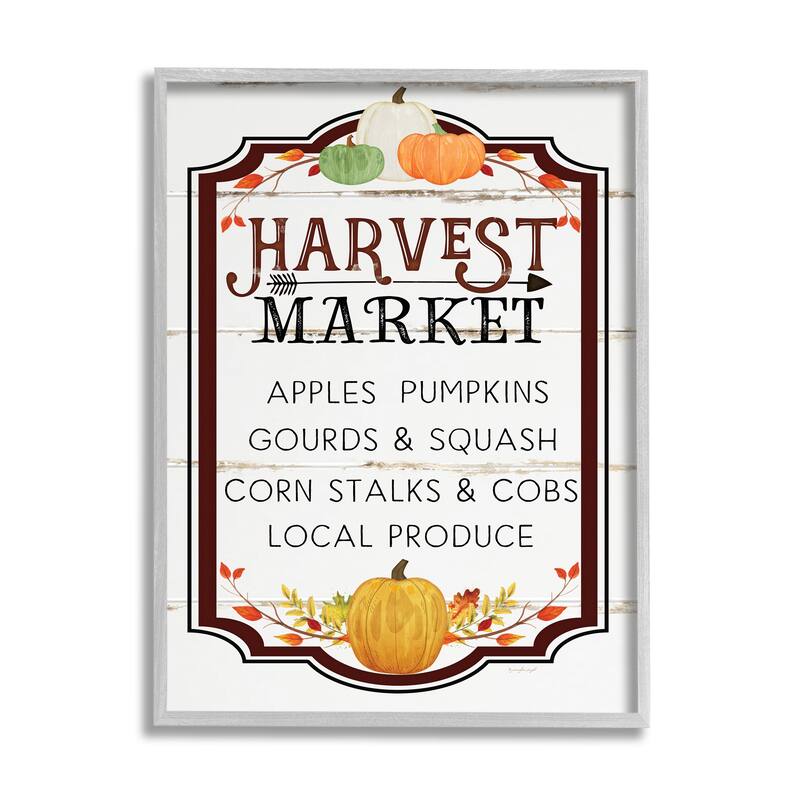Stupell Harvest Market Sign Autumn Seasonal Farm Foods Framed Wall Art - 24 x 30 - Grey