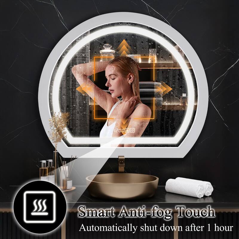 Arched Black Framed LED light Anti-fog 3 Colors Dimmable Wall Mirror - 27.6x23.6