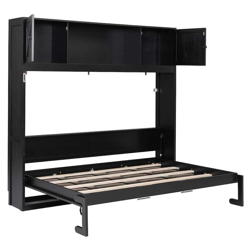 Rustic Full Size Murphy Bed Foldable Wall Bed with Top Storage Cabinets