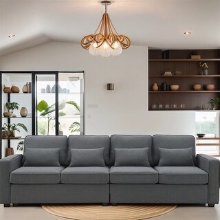4-Seater Modern Linen Fabric Sofa with Armrest Pockets and 4 Pillows ...