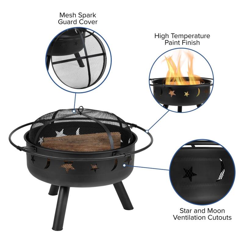 Star and Moon Fire Pit with Mesh Cover & 2 Poly Resin Adirondack Chairs