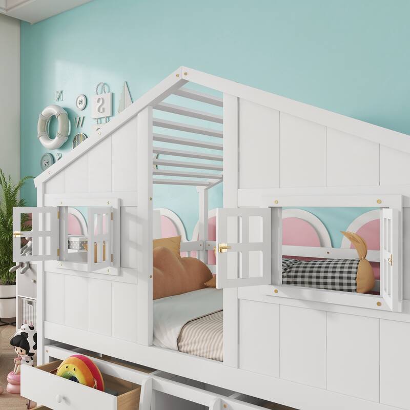 Full Size House Loft Bed with 4 Storage Drawers and Safety Guardrails