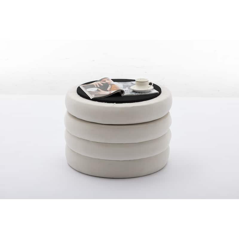 Velvet Fabric Storage Round Ottoman Footstool With Wooden Shelving