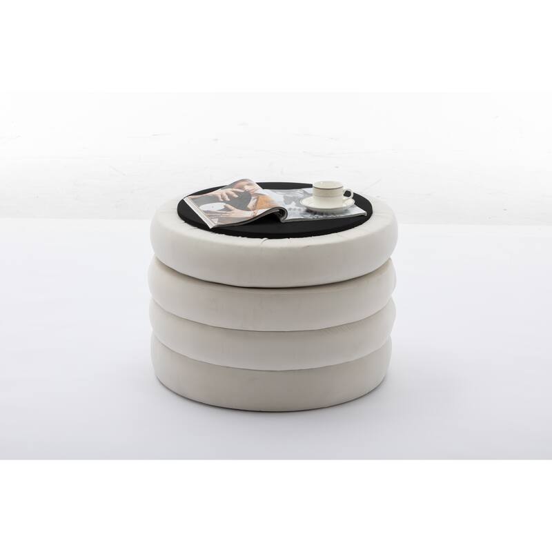 Velvet Round Ottoman with Storage, Footstool with Wooden Shelving, Multifunctional Round Vanity Stool for Makeup