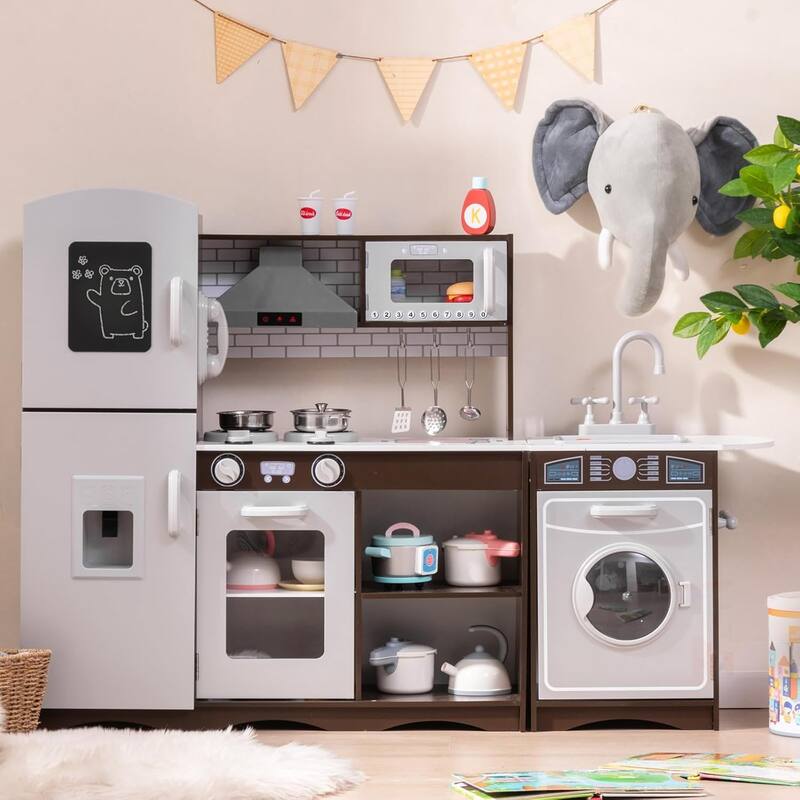 Wooden Play Kitchen Set w/ Washing Machine & Ice Maker