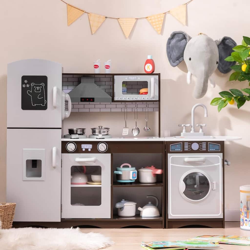 Wooden Play Kitchen Set w/ Washing Machine & Ice Maker