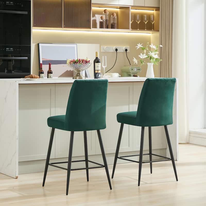 Velvet Upholstered Bar Stools Set of 2, Kitchen Bar Stools with Adjustable Iron Feet, Armless Dining Chairs with Footrest