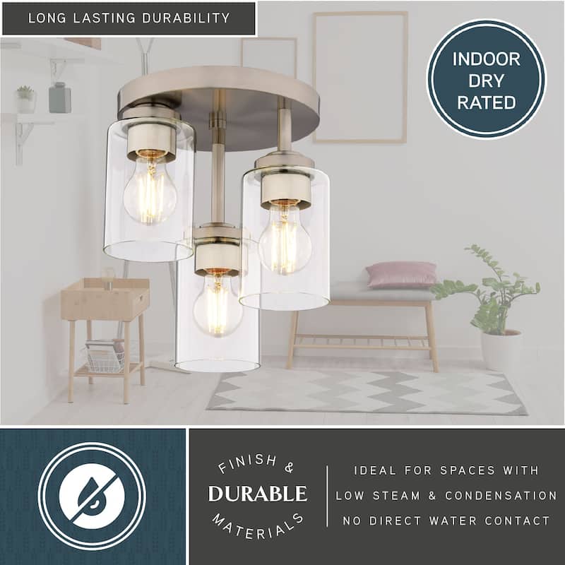 Park Ridge 3-Light Semi Flush Mount Lighting Fixture, Clear Cylinder Glass Shade Low Ceilings, Hallway, Kitchen