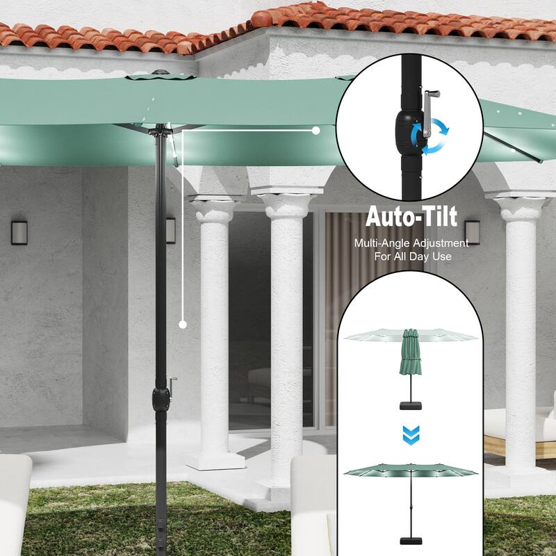 15ft Solar LED Double Patio Umbrella with Base, Extra Large Twin Outdoor Market Umbrella with 36 Lights, 180g Polyester Canopy
