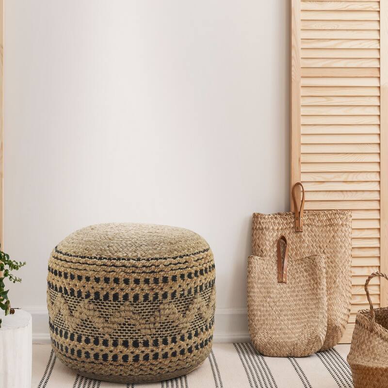 18" Tan and Black Chevron Handcrafted Round Pouf Ottoman