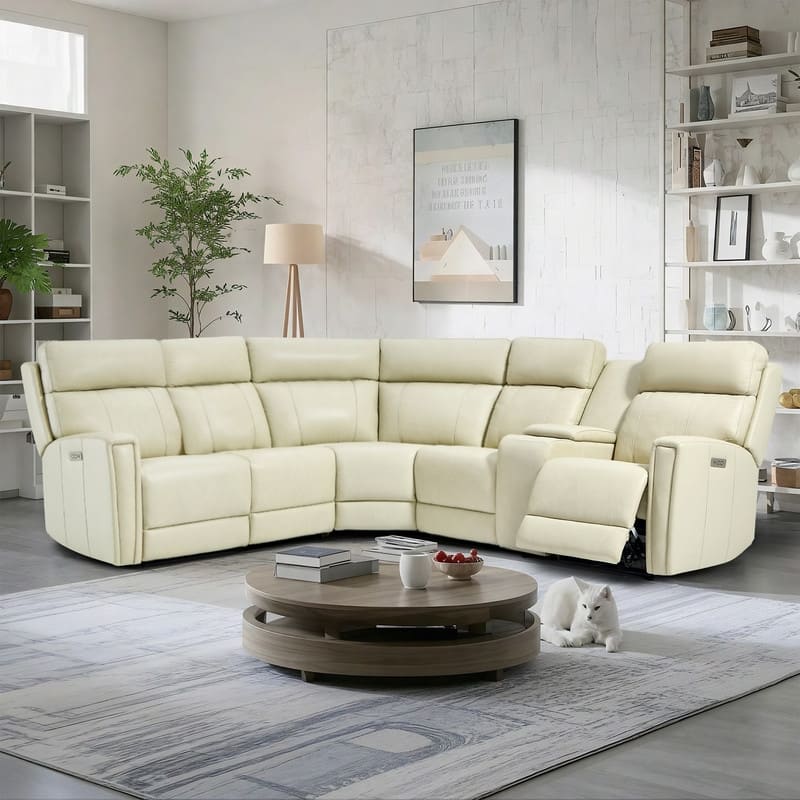 104" W Genuine Leather Power Recliner Sectional Sofa with Zero Gravity, Ajustable Headrest, USB Ports & Console - Cream