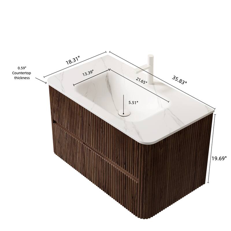 36" Floating Bathroom Vanity with Sink with 2 Drawers, Carrara White Sintered Stone Integrated Basin, Pre-Assembled