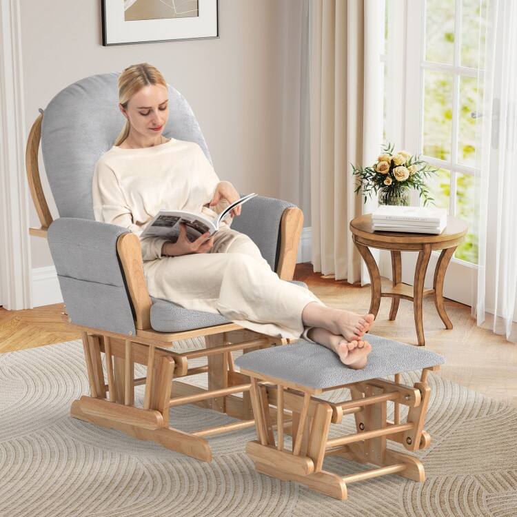Solid Wood Gliding Chair Set with Pockets and Ottoman for Relaxing