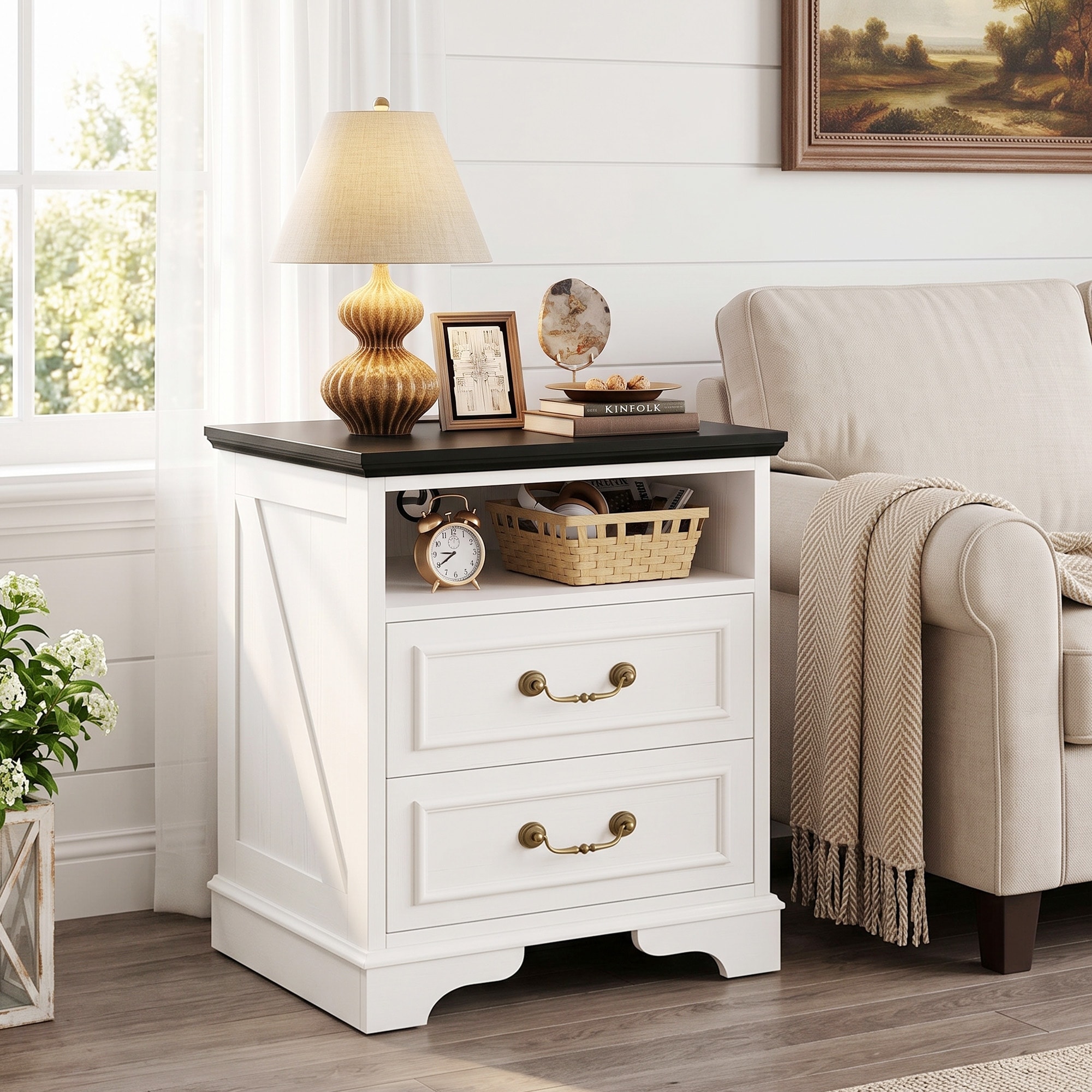 Set of 2 Farmhouse Nightstands with Charging Station, 2‑Drawer Bedside Cabinet with Open Cubby, Wood Side Table for Bedroom