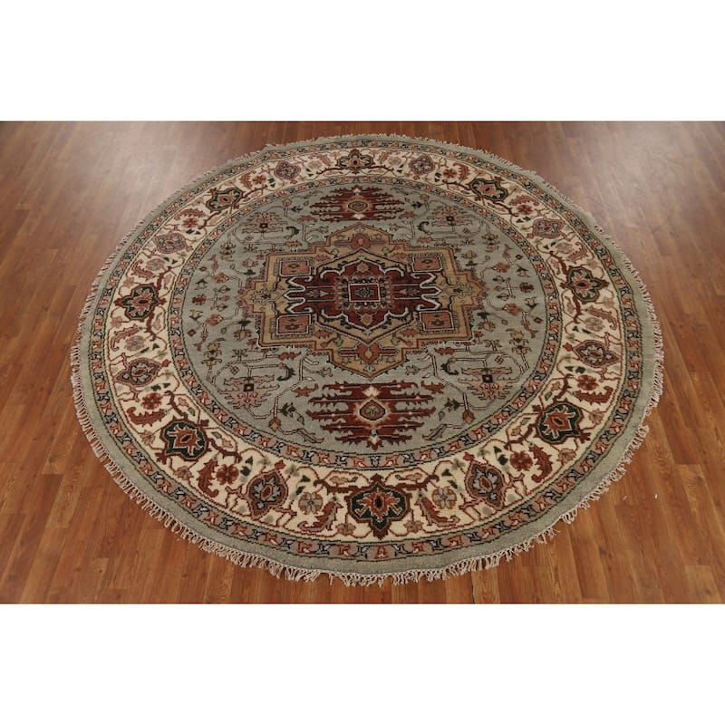 Heriz Serapi Indian Round Rug Hand-Knotted Wool Carpet - 7'10"x 7'10"
