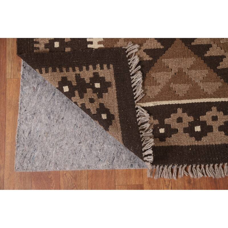 Hand Woven Oriental 100% Wool Carpet Southwestern Geometric Brown Kilim Area Rug - 9' 9'' X 6' 11''