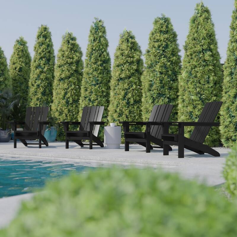 Set of 4 Commercial All-Weather Adirondack Chairs with Cupholders - Black