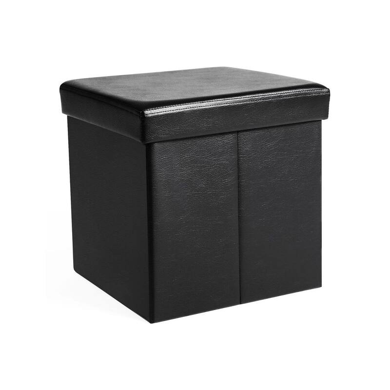 Folding Storage Ottoman Cube Footrest Stool Coffee Table Puppy Step, Faux Leather, Black - Black
