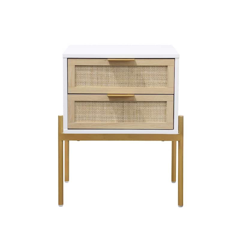 Nathan James Andrew Rattan End Side Table Storage Doors Gold Accents