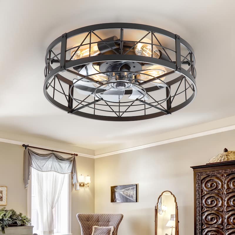 20" 7-Blade Flush Mount Caged Ceiling Fan with Light Remote - Matte Black
