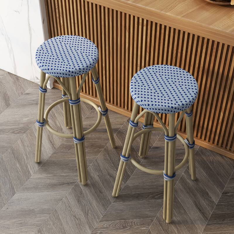 Elena Bohemian Round Wicker Patio Stools (Set of 2) by Furniture of America - Grey/Navy - Bar Height