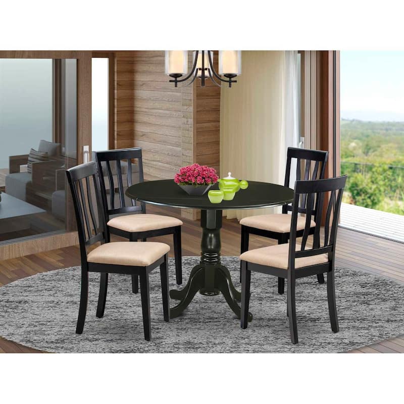Dining Set - 5 Piece Round Table & 4 Linen Chairs - 42x42 Inch Black Kitchen Set