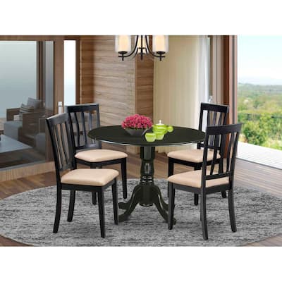 Dining Set - 5 Piece Round Table & 4 Linen Chairs - 42x42 Inch Black Kitchen Set