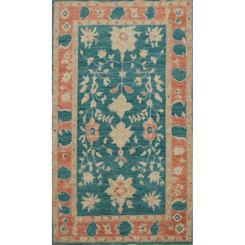 Hand Knotted Oriental 100% Wool Carpet Transitional All-Over Green Oushak Area Rug - 5' 3'' X 3' 2''