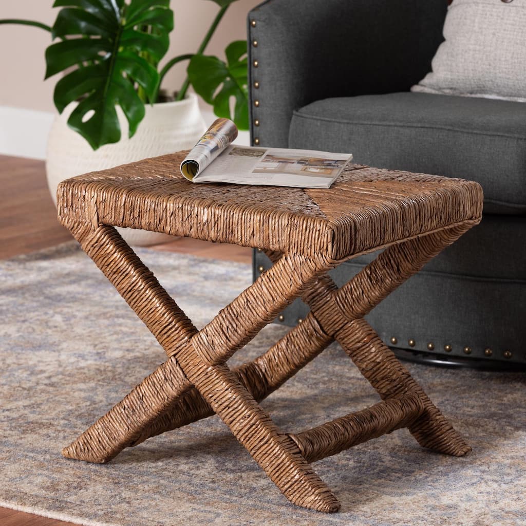 Alda Woven Seagrass Ottoman - Handwoven Wicker Accent Stool with X Base, Boho Coastal Seating