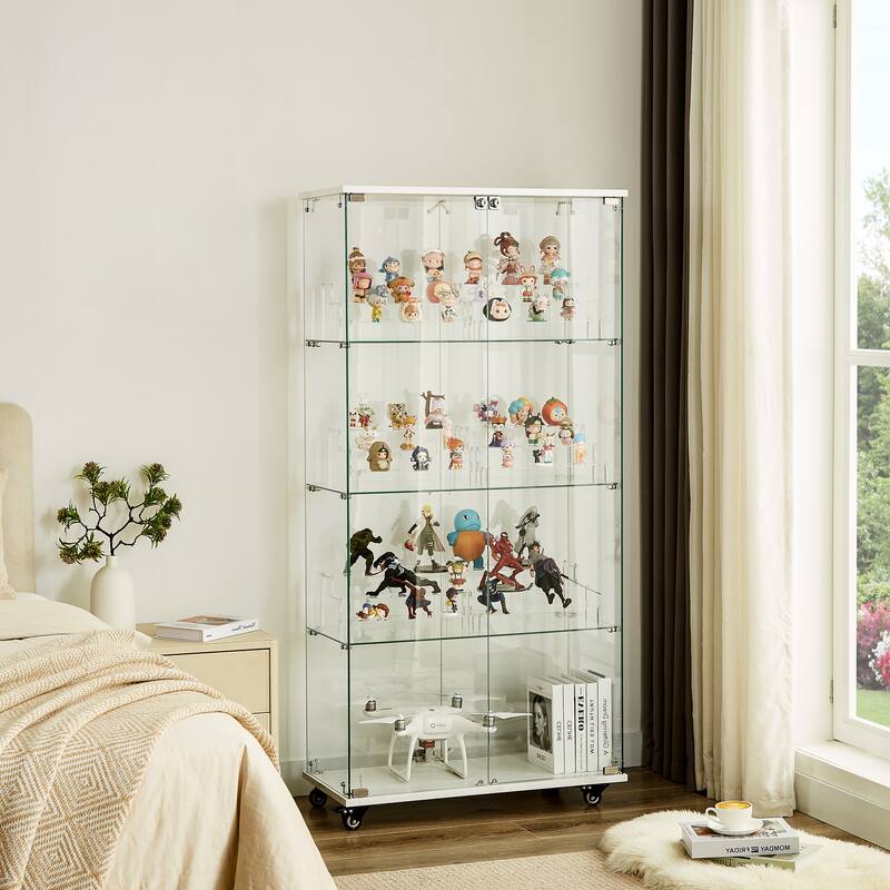 4 Tier Glass Display Cabinet, Double Door Glass Cabinet with Two Locks, Floor Standing Storage Cabinet with 6 Acrylic Shelves